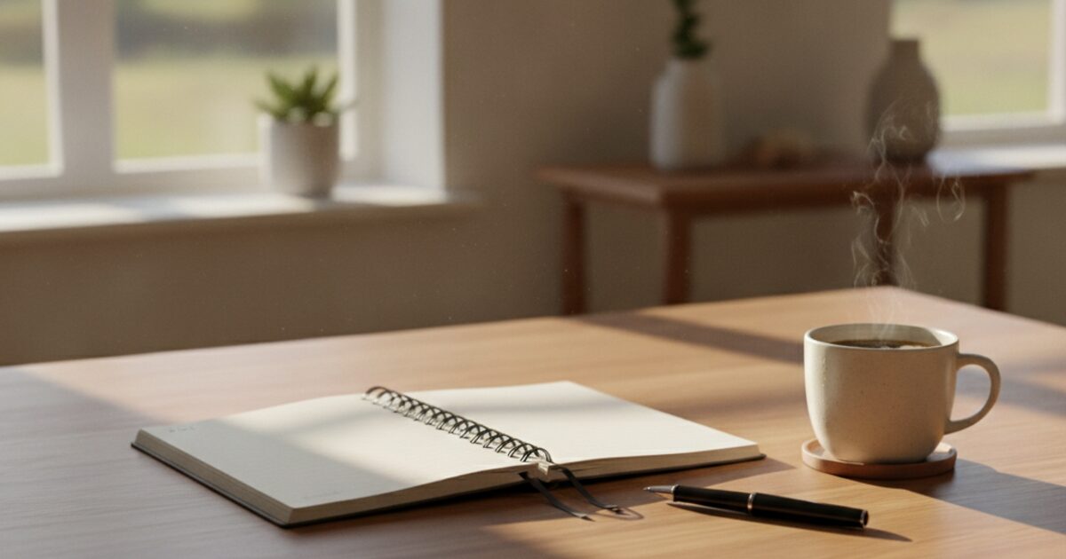 Open blank planner and a cup of coffee on a sunlit kitchen table, suggesting a new daily routine