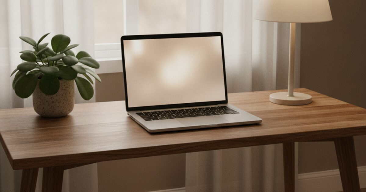 Laptop open on a wooden desk in a calm, private home room with a plant and lamp
