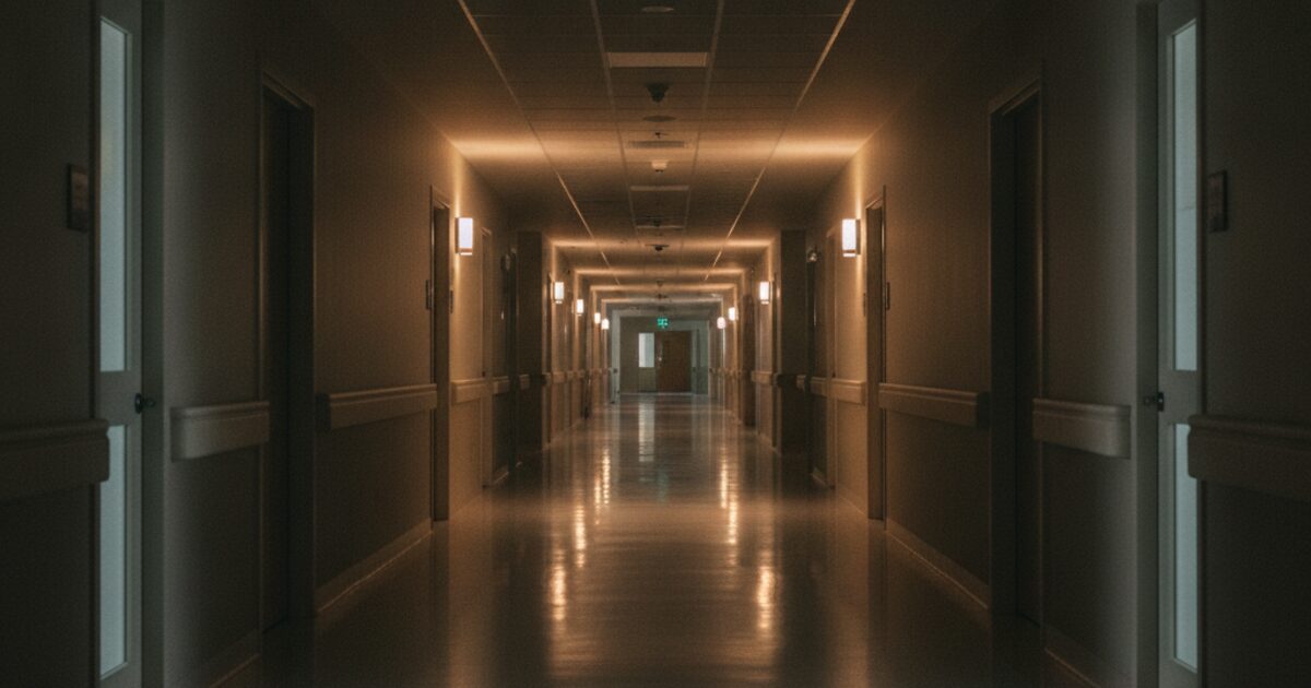 An empty hospital corridor at night with soft, warm lighting and no people in frame