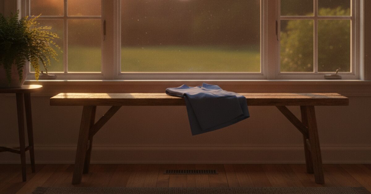 A pair of blue scrubs resting on a wooden bench beside a window in soft evening light