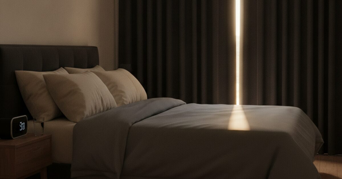 A dim, quiet bedroom with blackout curtains and a thin line of morning daylight