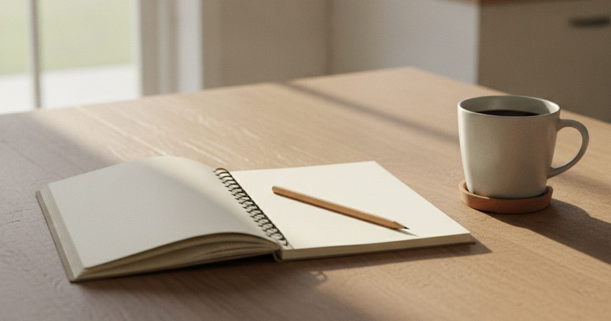 An open blank notebook and a pencil beside a coffee mug on a kitchen table in morning light