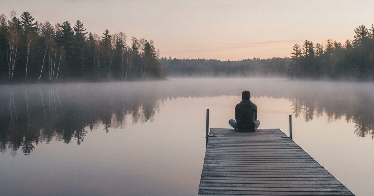 A person seen from behind sitting at the end of a wooden dock on a misty northern lake at dawn