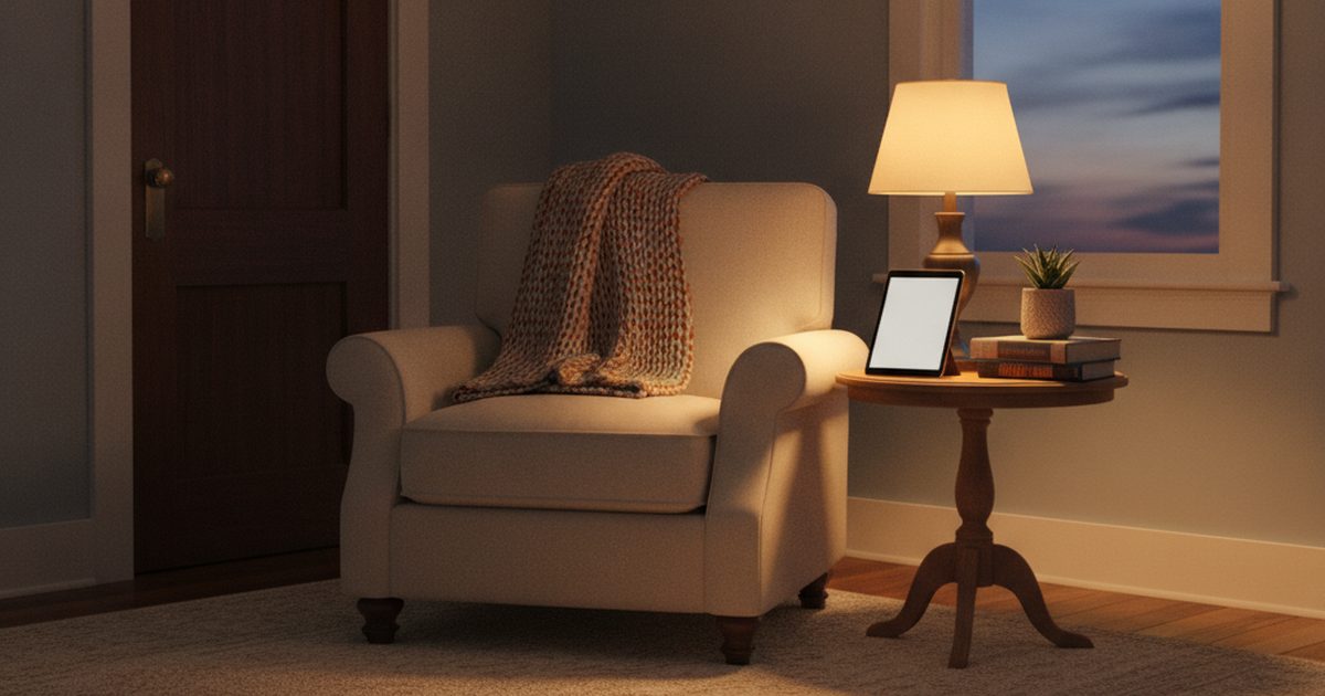 A quiet private room in the evening with an armchair, a folded blanket, a lamp, and a tablet on a side table
