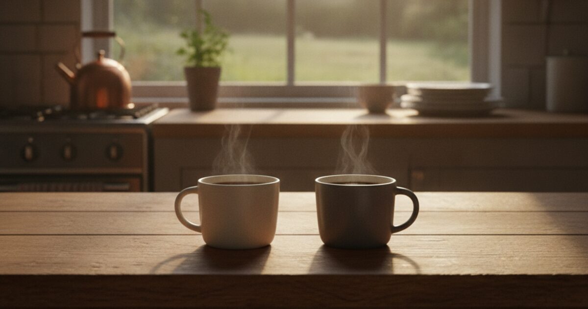 Two coffee mugs on a wooden table beside a window in soft morning light, suggesting a quiet conversation