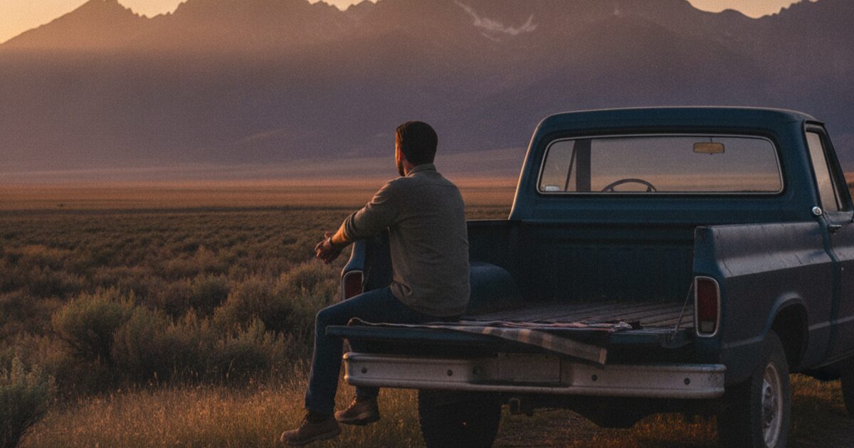 A man seen from behind sitting alone on the tailgate of a pickup truck at dusk, looking toward distant mountains